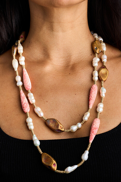 Pearls Please Long Carved Resin Necklace